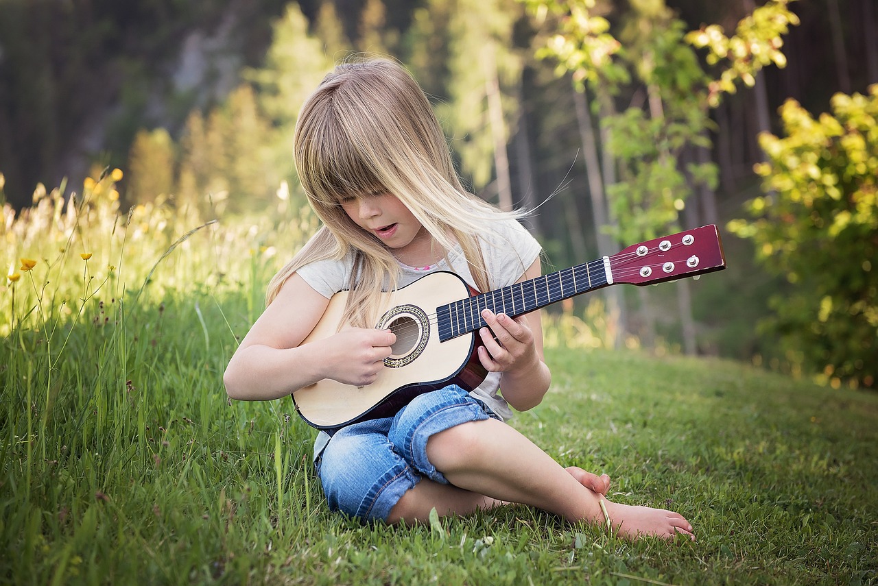 Instruments for children, person, human, child, girl, blond, guitar, make music, play guitar, music, outdoors, nature, portrait, human, guitar, guitar, music, music, music, music, music